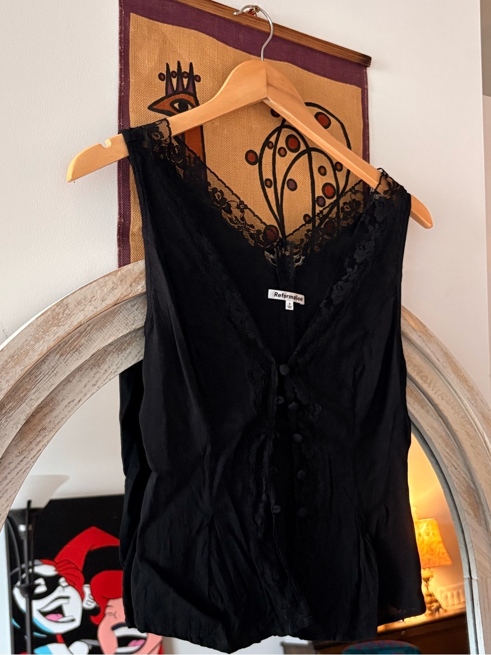 Reformation Black Lace-Trim V-Neck Button Camisole